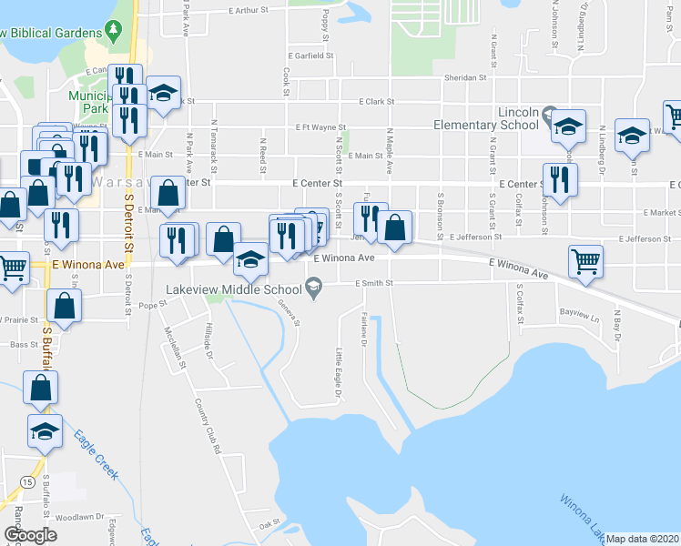 map of restaurants, bars, coffee shops, grocery stores, and more near 413 Scott Street in Warsaw
