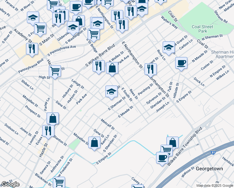 map of restaurants, bars, coffee shops, grocery stores, and more near 7 Noble Lane in Wilkes-Barre