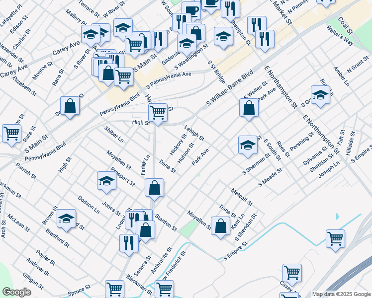 map of restaurants, bars, coffee shops, grocery stores, and more near 39 Hutson Street in Wilkes-Barre