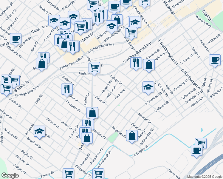 map of restaurants, bars, coffee shops, grocery stores, and more near 39 Hutson Street in Wilkes-Barre
