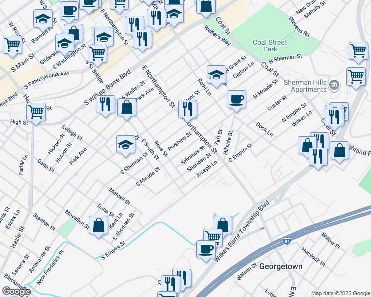 map of restaurants, bars, coffee shops, grocery stores, and more near 139 South Meade Street in Wilkes-Barre