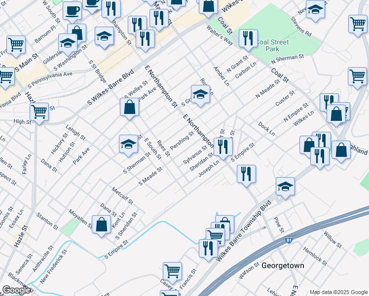 map of restaurants, bars, coffee shops, grocery stores, and more near 139 South Meade Street in Wilkes-Barre
