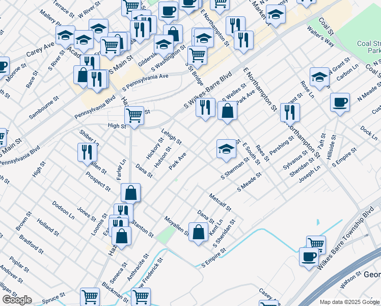 map of restaurants, bars, coffee shops, grocery stores, and more near 196 Park Avenue in Wilkes-Barre