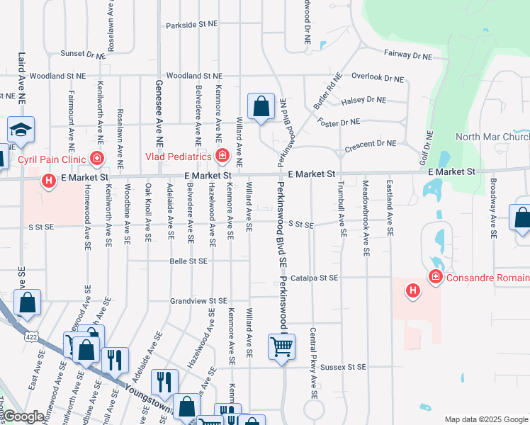 map of restaurants, bars, coffee shops, grocery stores, and more near 200 Perkinswood Boulevard Southeast in Warren