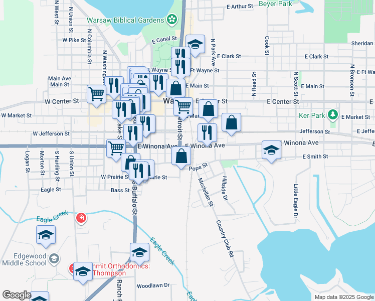 map of restaurants, bars, coffee shops, grocery stores, and more near 406 East Winona Avenue in Warsaw