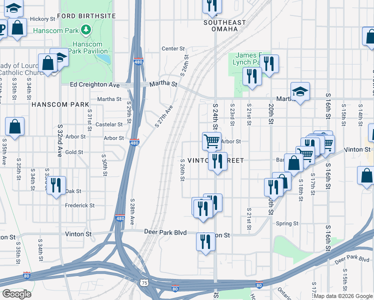 map of restaurants, bars, coffee shops, grocery stores, and more near 2512 South 25th Street in Omaha