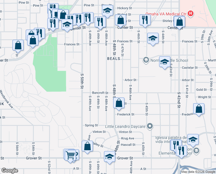 map of restaurants, bars, coffee shops, grocery stores, and more near 2603 South 48th Avenue in Omaha