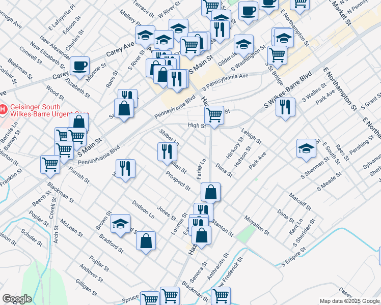 map of restaurants, bars, coffee shops, grocery stores, and more near 161 Dana St in Wilkes-Barre