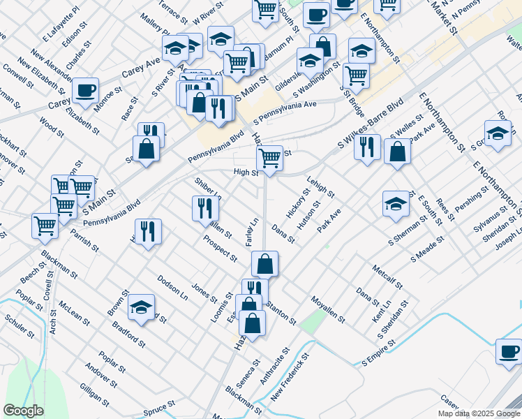 map of restaurants, bars, coffee shops, grocery stores, and more near 182 Dana Street in Wilkes-Barre