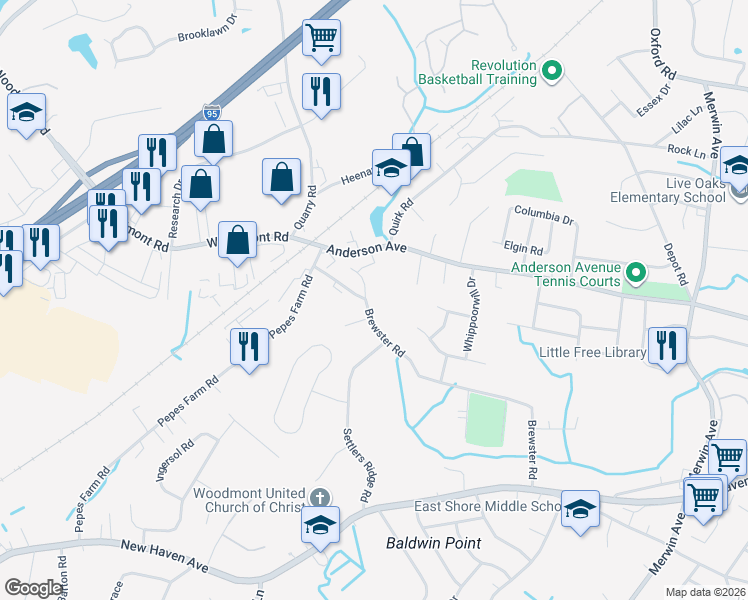 map of restaurants, bars, coffee shops, grocery stores, and more near 279 Brewster Road in Milford