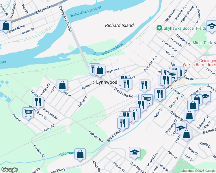 map of restaurants, bars, coffee shops, grocery stores, and more near 216 Lyndwood Avenue in Wilkes-Barre