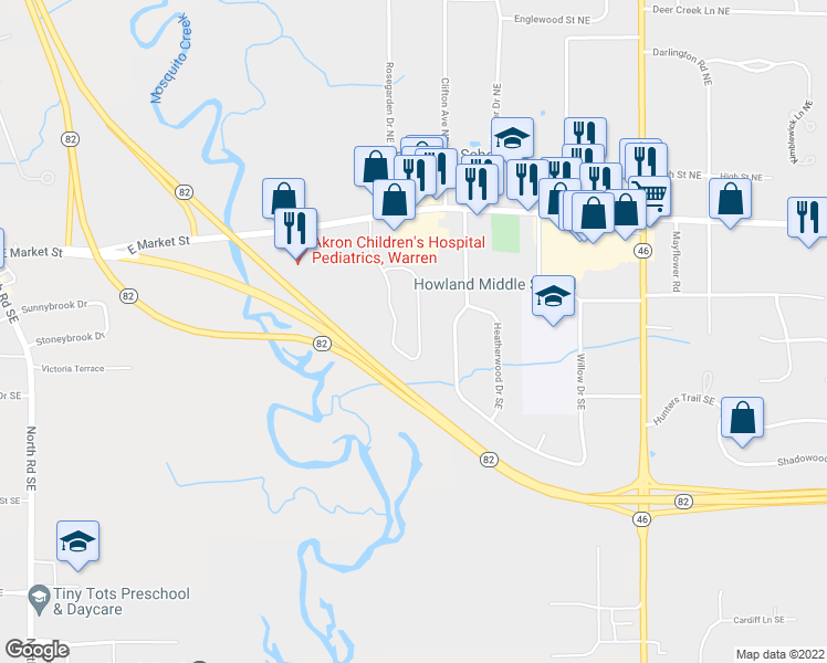 map of restaurants, bars, coffee shops, grocery stores, and more near 1450 Sandpiper Trail Southeast in Warren