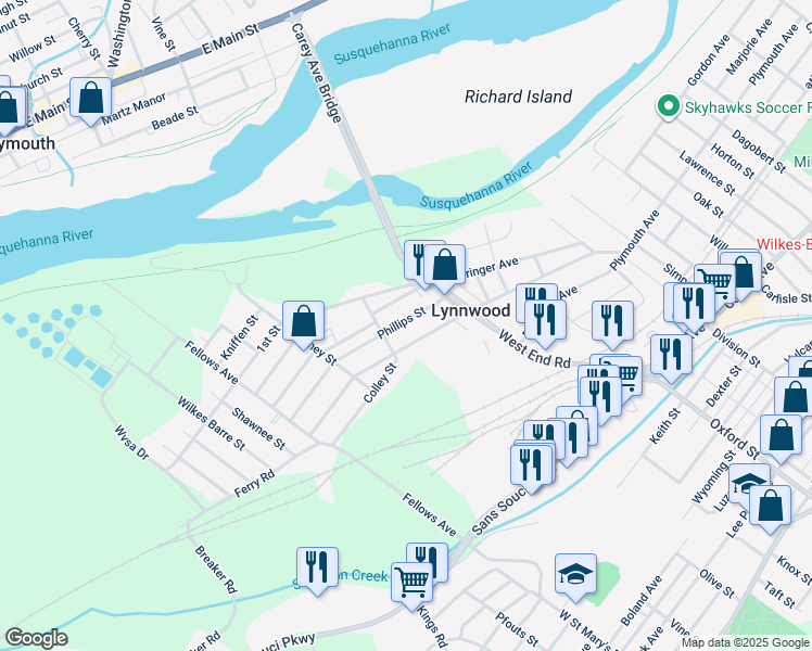 map of restaurants, bars, coffee shops, grocery stores, and more near 218 Phillips Street in Wilkes-Barre