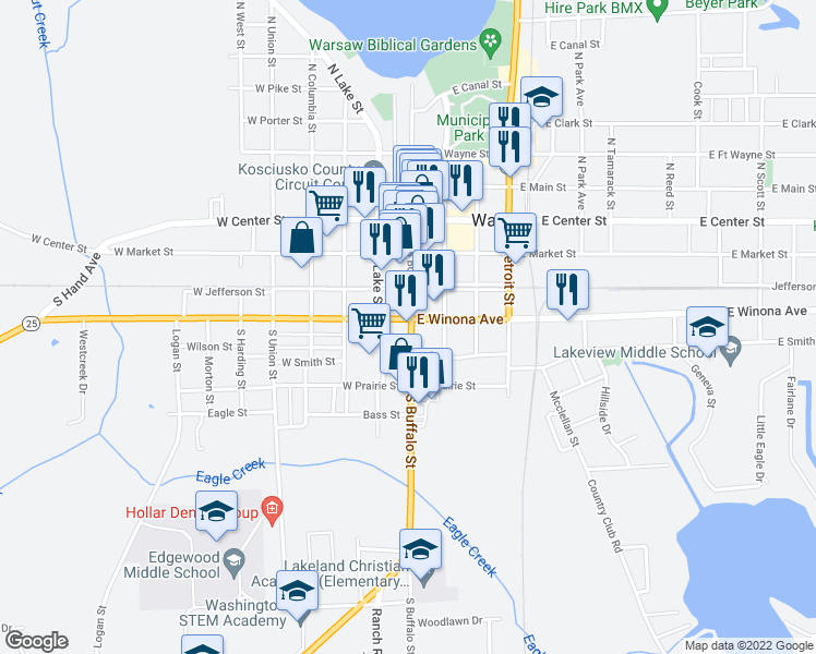 map of restaurants, bars, coffee shops, grocery stores, and more near 113 West Winona Avenue in Warsaw
