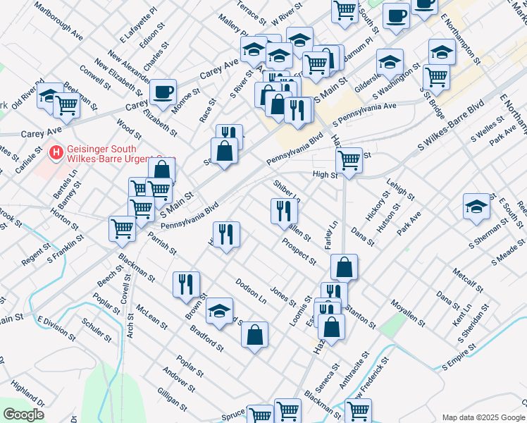 map of restaurants, bars, coffee shops, grocery stores, and more near 46 Prospect St in Wilkes-Barre