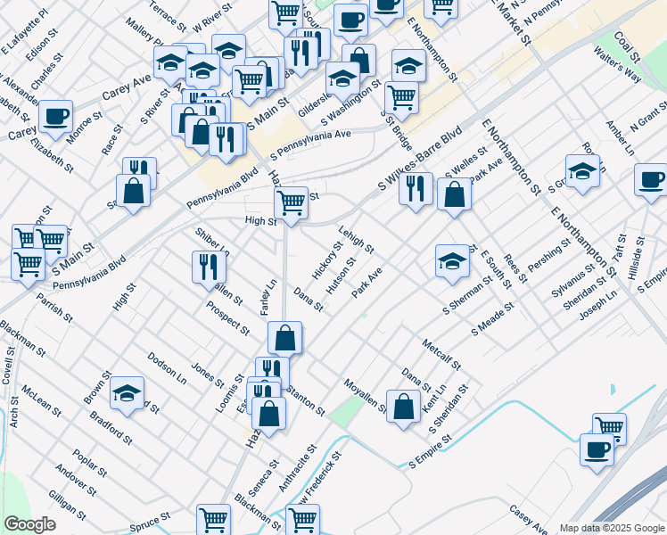 map of restaurants, bars, coffee shops, grocery stores, and more near 58 Metcalf Street in Wilkes-Barre