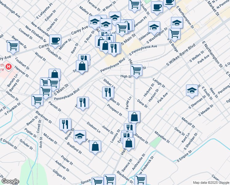 map of restaurants, bars, coffee shops, grocery stores, and more near McCarragher Street in Wilkes-Barre