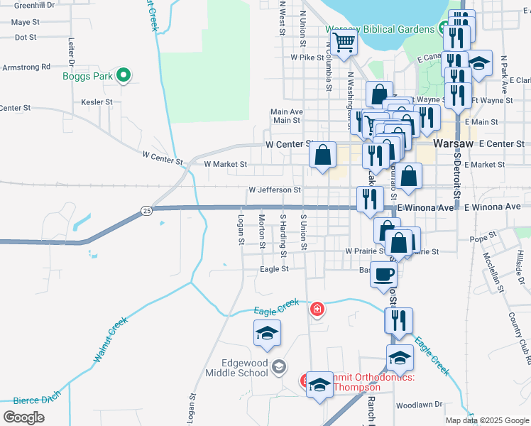 map of restaurants, bars, coffee shops, grocery stores, and more near 619 West Winona Avenue in Warsaw