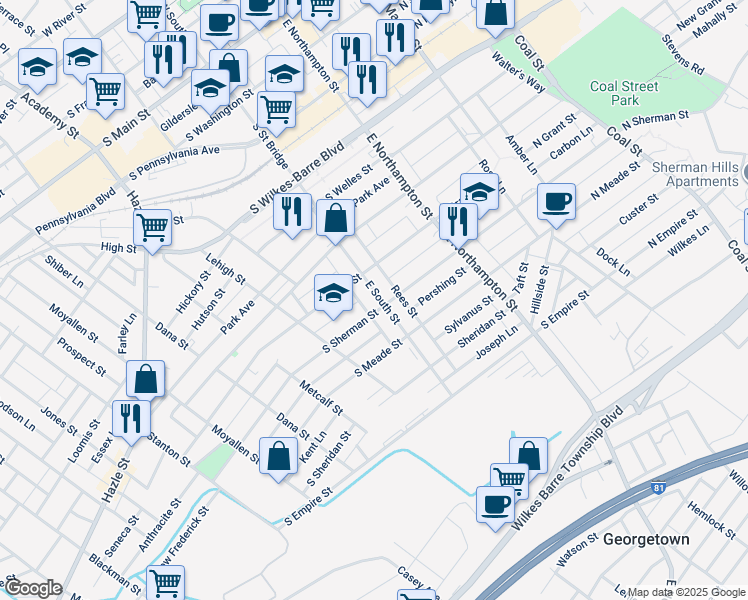 map of restaurants, bars, coffee shops, grocery stores, and more near 339 East South Street in Wilkes-Barre