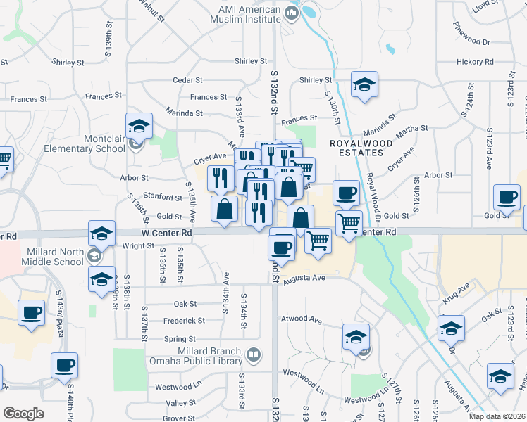 map of restaurants, bars, coffee shops, grocery stores, and more near 2566 South 132nd Street in Omaha