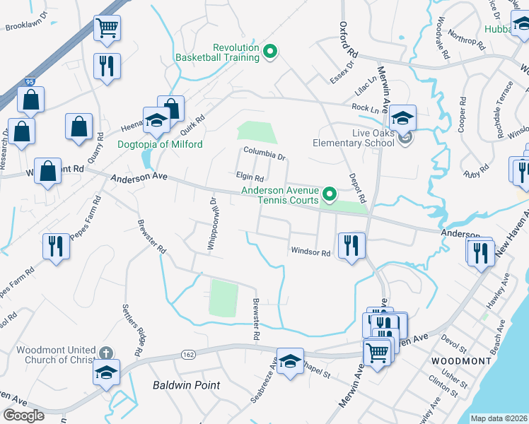 map of restaurants, bars, coffee shops, grocery stores, and more near 4 Kenwood Road in Milford