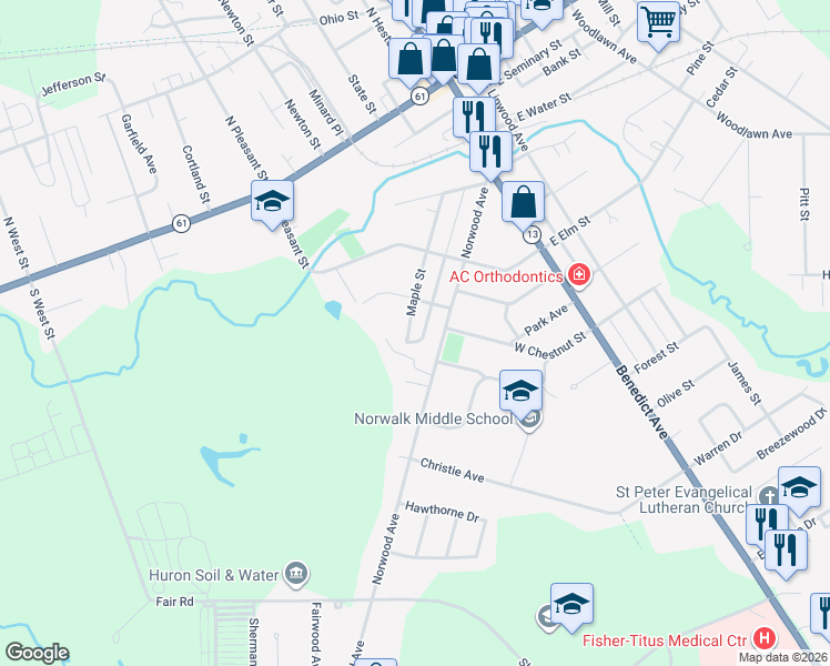 map of restaurants, bars, coffee shops, grocery stores, and more near 45 Maple Street in Norwalk