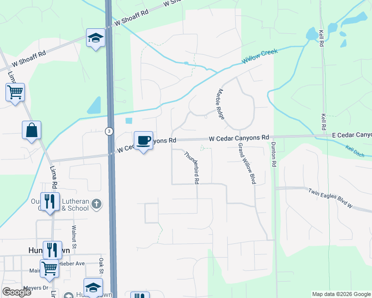 map of restaurants, bars, coffee shops, grocery stores, and more near 16231-16399 Thunderbird Road in Huntertown