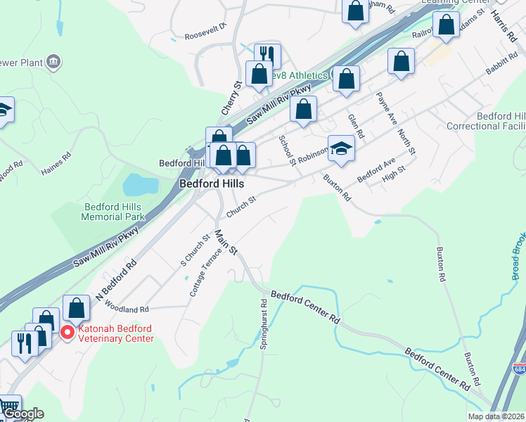 map of restaurants, bars, coffee shops, grocery stores, and more near 32 Sunset Drive in Bedford Hills