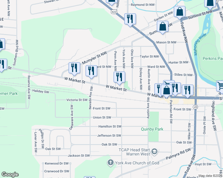 map of restaurants, bars, coffee shops, grocery stores, and more near 1721 West Market Street in Warren