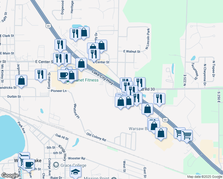 map of restaurants, bars, coffee shops, grocery stores, and more near 3100 Frontage Road in Warsaw