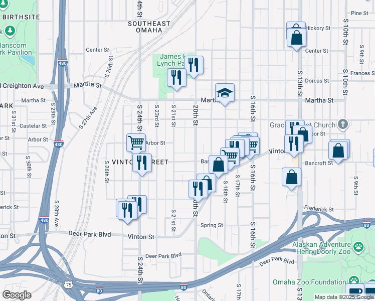 map of restaurants, bars, coffee shops, grocery stores, and more near 2515 South 20th Avenue in Omaha