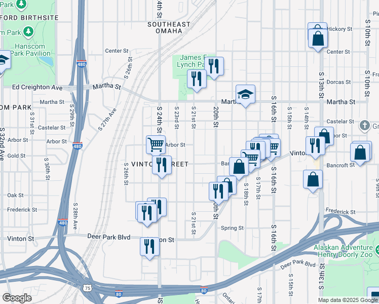 map of restaurants, bars, coffee shops, grocery stores, and more near 2514 South 21st Street in Omaha