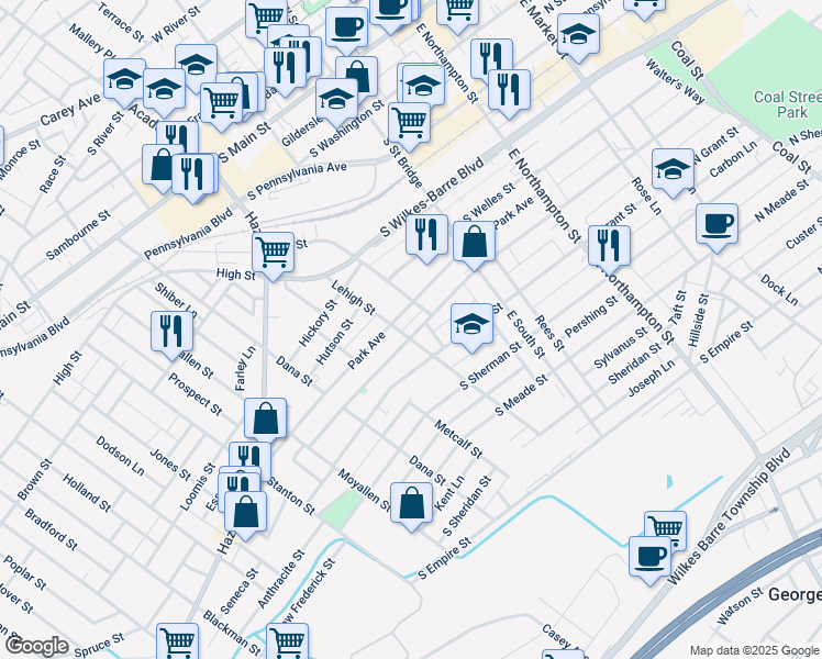 map of restaurants, bars, coffee shops, grocery stores, and more near 196 Park Avenue in Wilkes-Barre