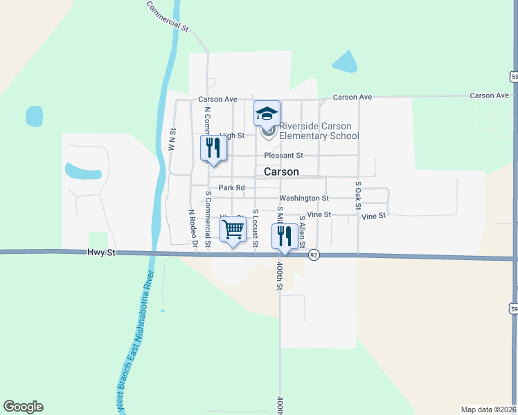 map of restaurants, bars, coffee shops, grocery stores, and more near 215 South Locust Street in Carson