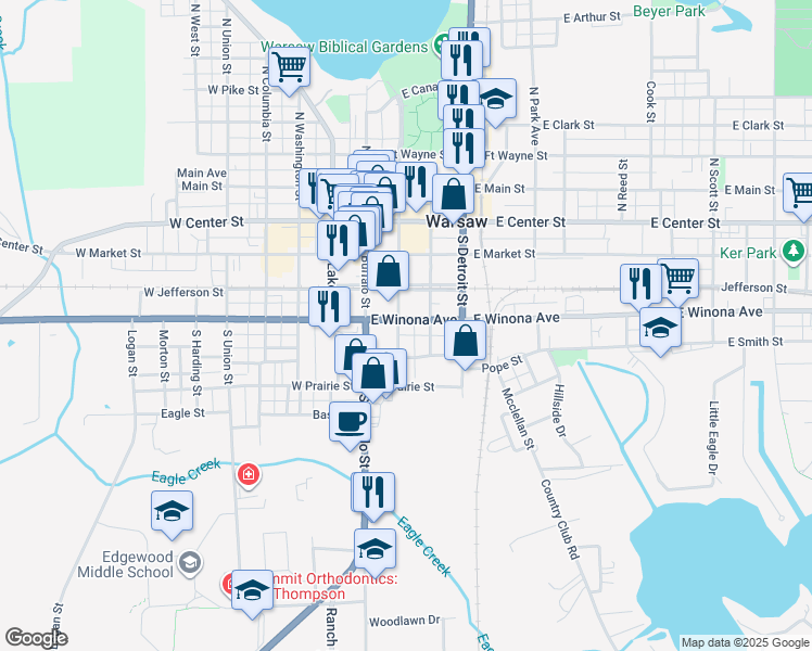 map of restaurants, bars, coffee shops, grocery stores, and more near 401 South Indiana Street in Warsaw