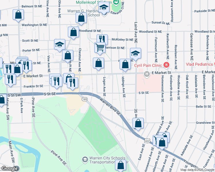 map of restaurants, bars, coffee shops, grocery stores, and more near 197 Logan Avenue Northeast in Warren