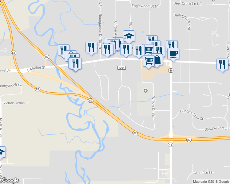 map of restaurants, bars, coffee shops, grocery stores, and more near 524 Laurelwood Drive Southeast in Warren