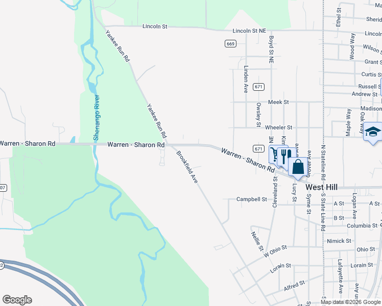 map of restaurants, bars, coffee shops, grocery stores, and more near 357 Brookfield Avenue in Masury