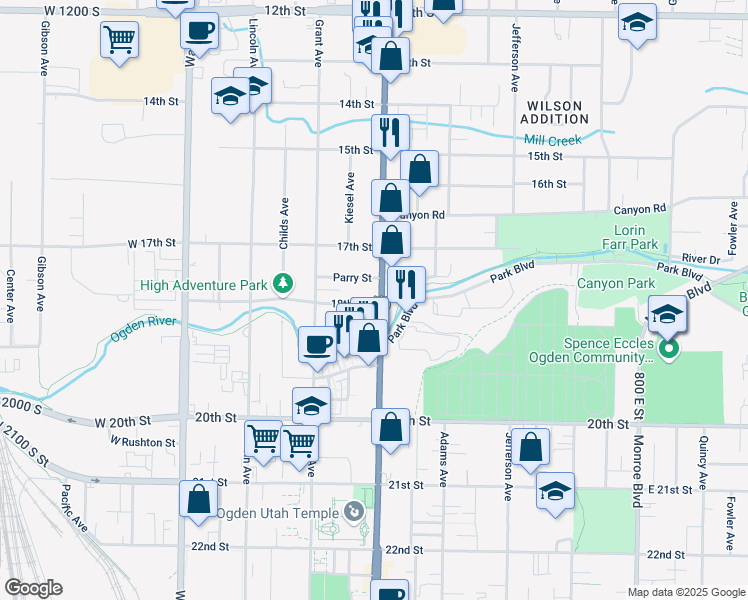 map of restaurants, bars, coffee shops, grocery stores, and more near 1781 Washington Boulevard in Ogden