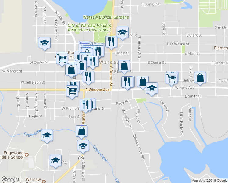 map of restaurants, bars, coffee shops, grocery stores, and more near 406 East Winona Avenue in Warsaw