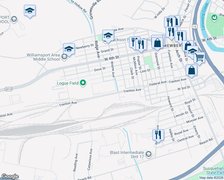 map of restaurants, bars, coffee shops, grocery stores, and more near 102 Federal Avenue in Williamsport