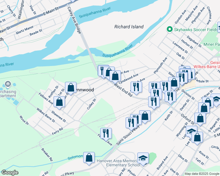 map of restaurants, bars, coffee shops, grocery stores, and more near 190 Lyndwood Avenue in Wilkes-Barre
