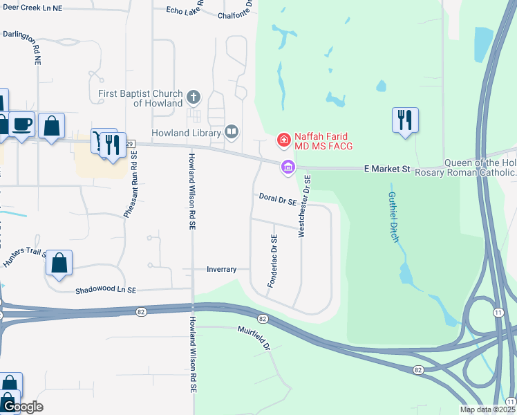 map of restaurants, bars, coffee shops, grocery stores, and more near 191 Avalon Drive Southeast in Warren