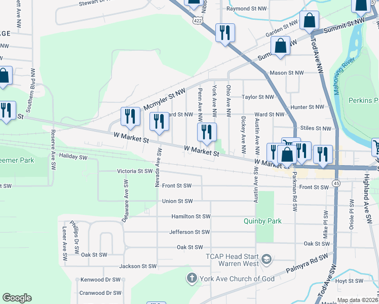 map of restaurants, bars, coffee shops, grocery stores, and more near 1721 West Market Street in Warren