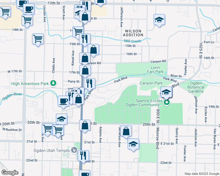 map of restaurants, bars, coffee shops, grocery stores, and more near 525 Park Boulevard in Ogden