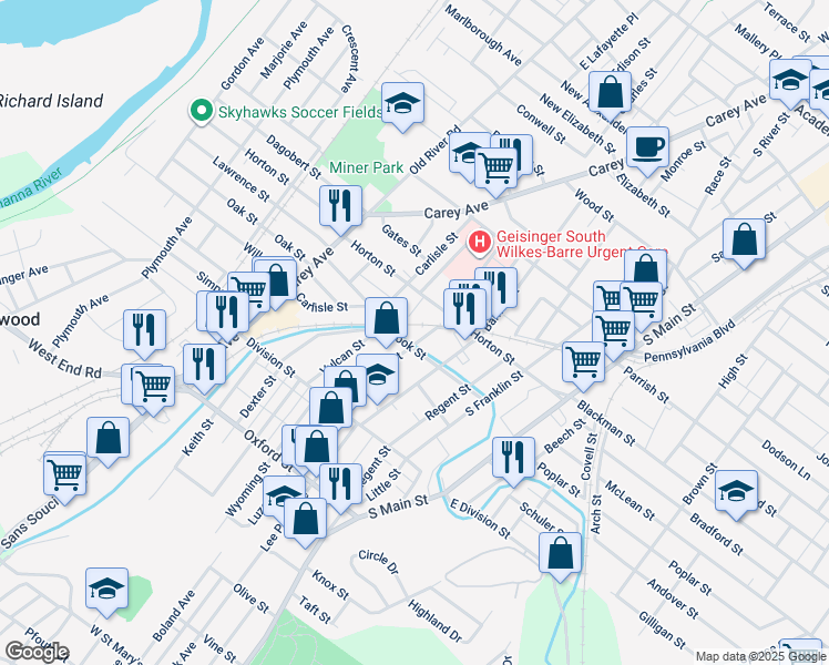 map of restaurants, bars, coffee shops, grocery stores, and more near 98 Brook Street in Wilkes-Barre