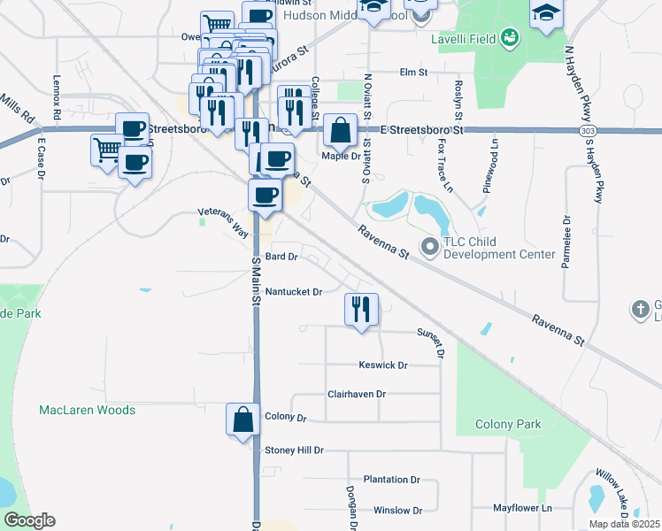 map of restaurants, bars, coffee shops, grocery stores, and more near 73 Bard Drive in Hudson