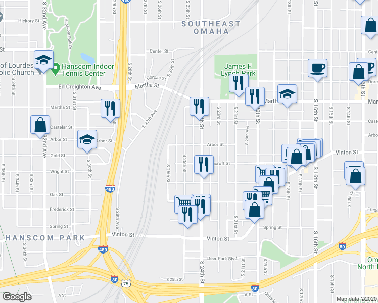 map of restaurants, bars, coffee shops, grocery stores, and more near 2510 South 24th Street in Omaha