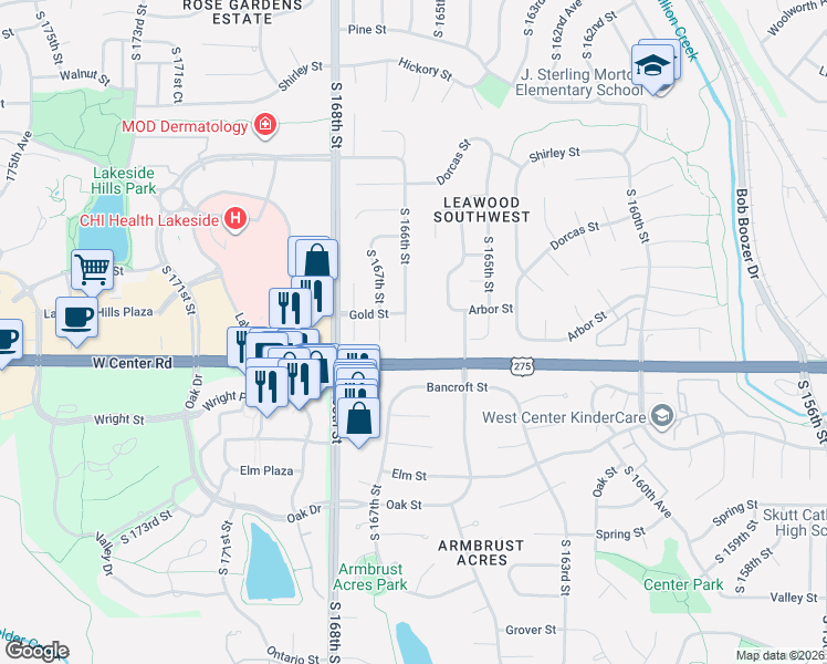 map of restaurants, bars, coffee shops, grocery stores, and more near 2613 South 166th Street in Omaha