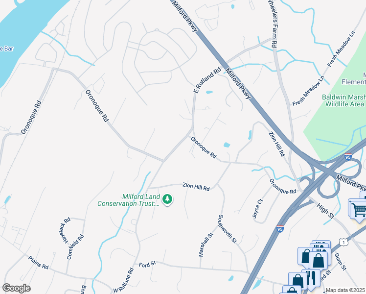 map of restaurants, bars, coffee shops, grocery stores, and more near 282 Oronoque Road in Milford